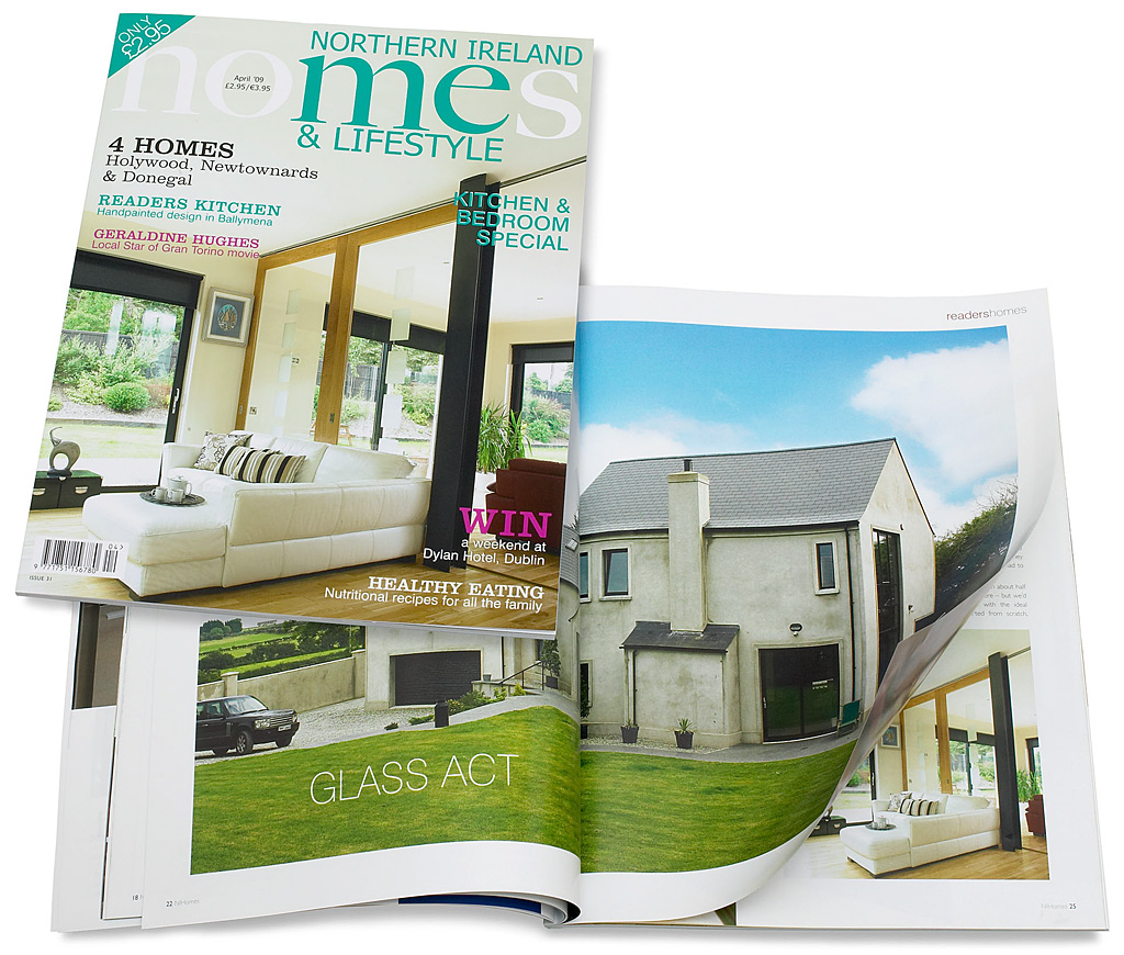 The cover plus pages 22 to 29 in the April 2009 issue of Northern Ireland Homes & Lifestyle magazine featuring Natalie Campbell and Murry Bailie's newly built detached house near the County Down village of Conlig.