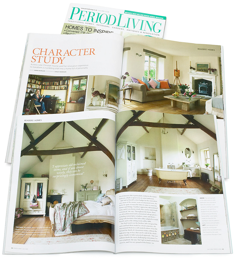 Pages 82 to 86 in the July 2009 issue of Period Living magazine featuring Julie-Christian Young's stone farmhouse near Bath.