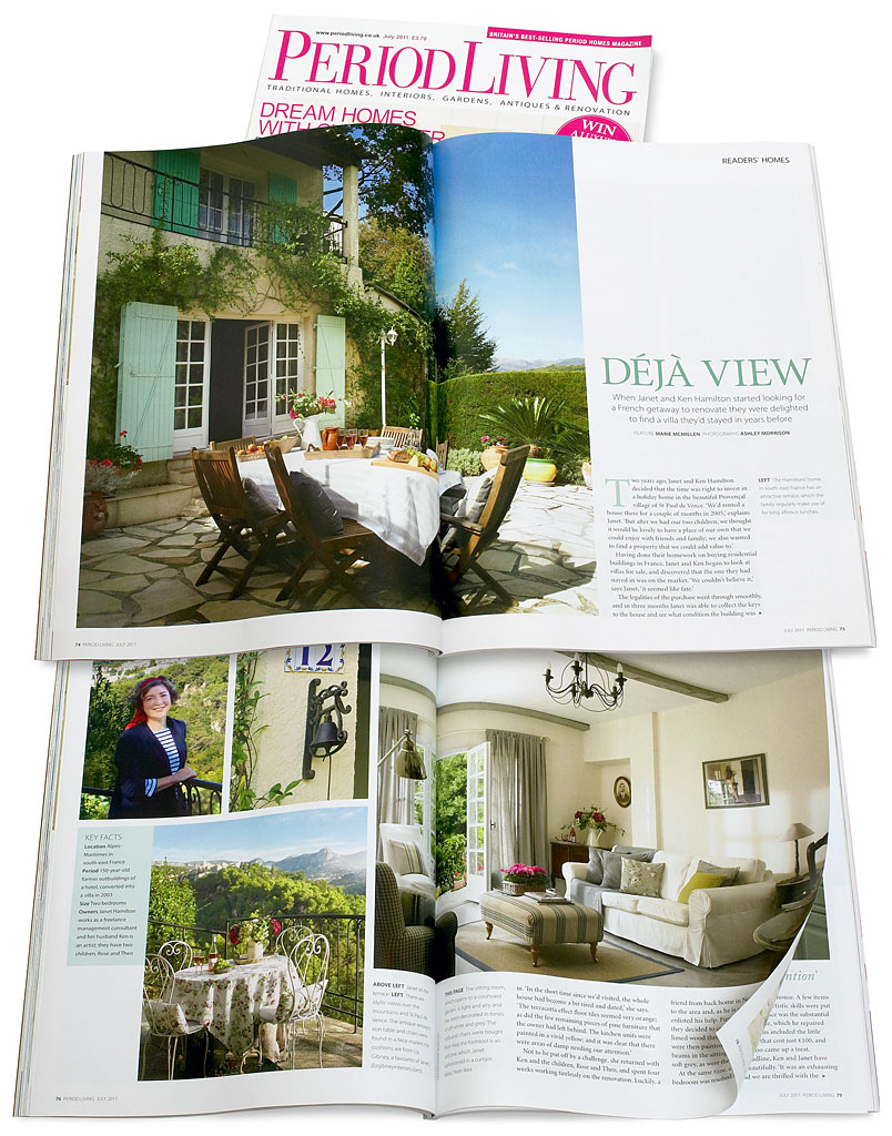 Pages 74 to 82 in the July 2011 issue of Period Living magazine featuring Janet Hamilton's villa 'Jasmin' near the French Riviera village of St Paul de Vence.