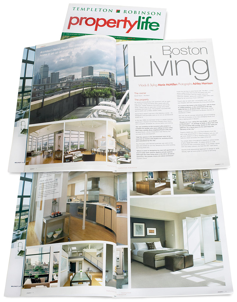 Pages 12 to 15 in issue 19 of Templeton Robinson's Property Life magazine featuring David Hacin & Tim Grafft's 'Laconia Lofts' project apartment in Boston.