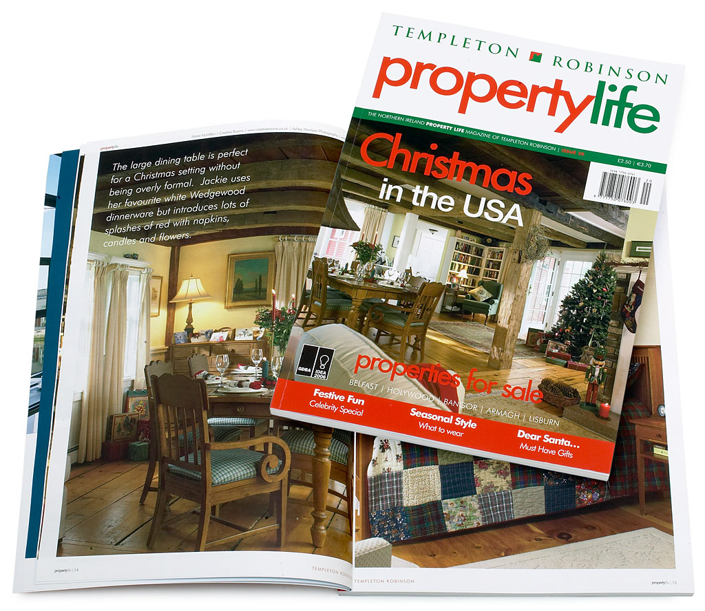 The cover plus pages 14 to 20 in the 20th issue of Templeton Robinson's Property Life magazine featuring Jackie Ennis & David Rocchio's New England farmhouse near Stowe in Vermont at Christmas.