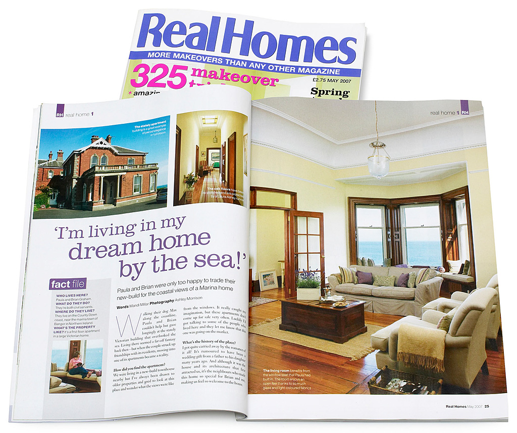 Pages 24 to 29 in the May 2007 issue of Real Homes magazine featuring Melissa Thompson and Rod Moore's first floor apartment in a Victorian house on the coast near Bangor Marina in Country Down.