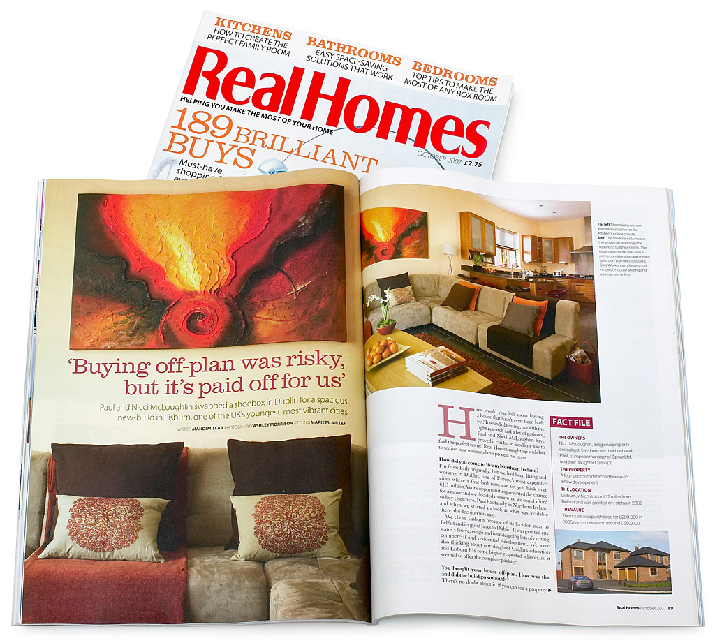 Pages 88 to 93 in the October 2007 issue of Real Homes magazine featuring Nicci and Paul Millensted's four-bedroom detached house in a new development near Lisburn in County Down.