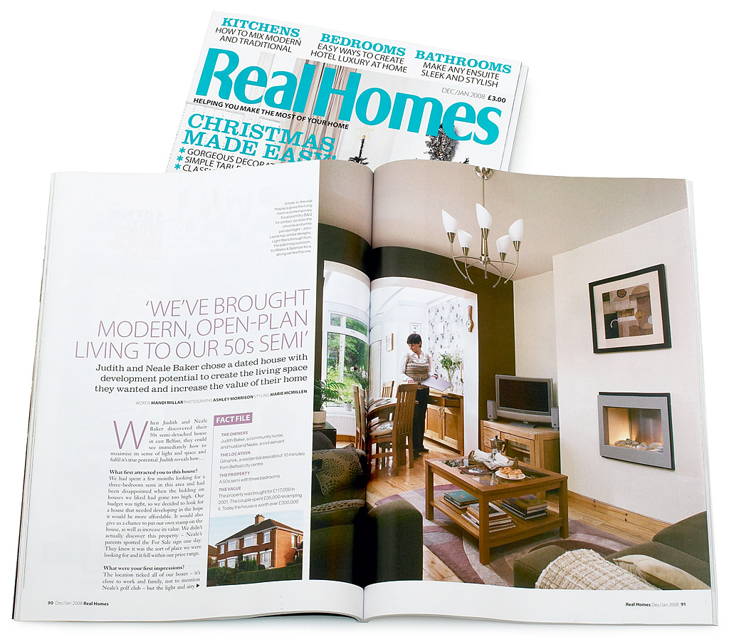 Pages 90 to 98 in the December/January 2008 issue of Real Homes magazine featuring Judith and Neales Baker's 1950s semi-detached house in Belfast.