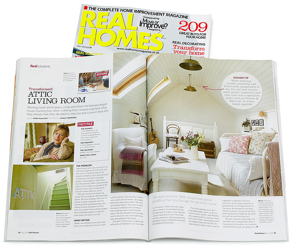 Pages 96 to 99 in the May 2009 issue of Real Home magazine featuring Linda and Stuart McNamara's attic in their 1940s terrace house on the outskirts of Belfast.