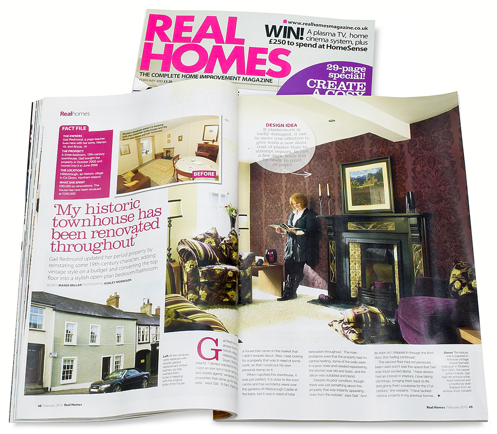 Pages 48 to 53 in the February 2010 issue of Real Homes magazine featuring Gail and Sam Redmond's 19th-century townhouse in the historic village of Hillsborough in County Down. 