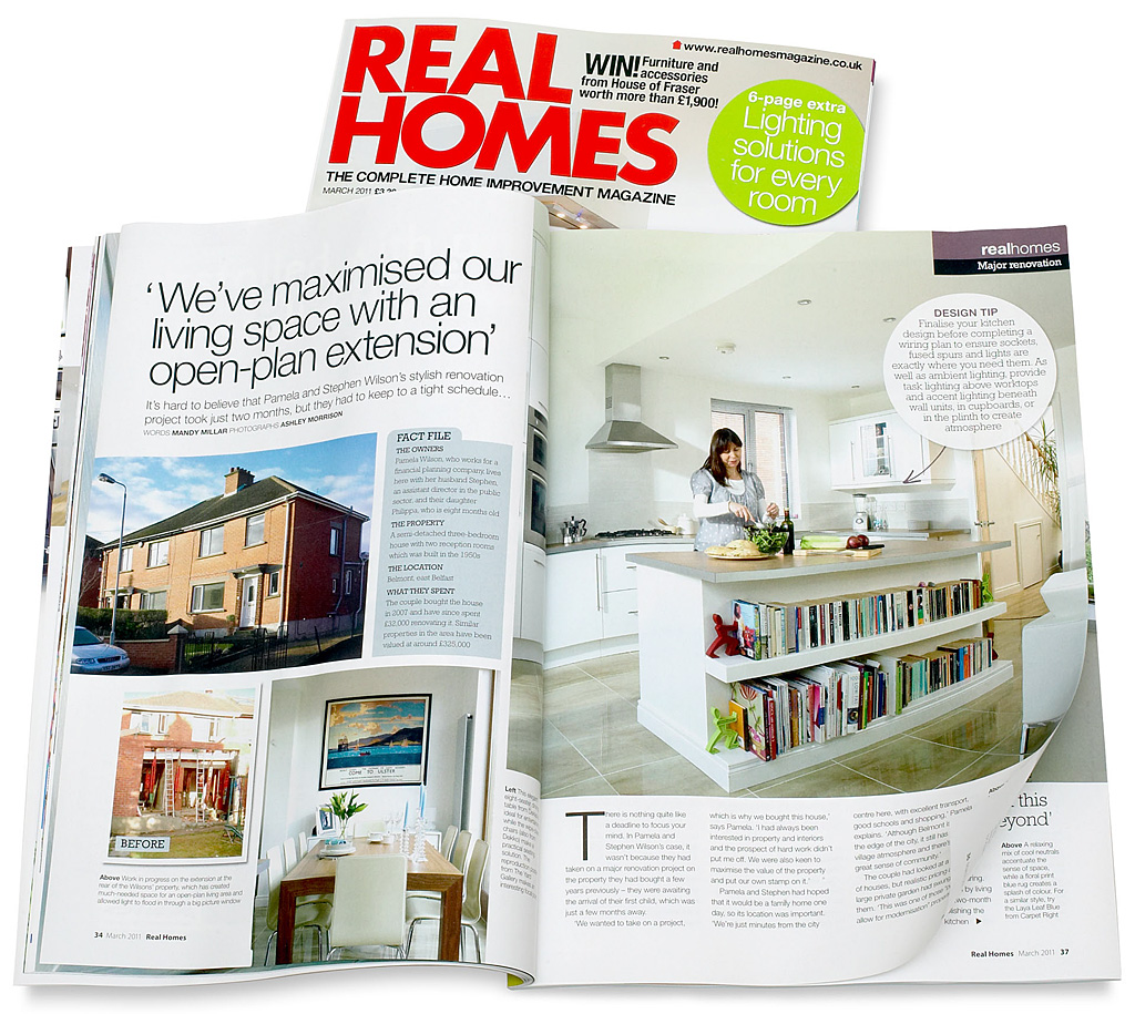 Pages 34 to 41 in the March 2011 issue of Real Homes magazine featuring Pamela and Stephen Wilson's 1960s semi detached house in Belfast.