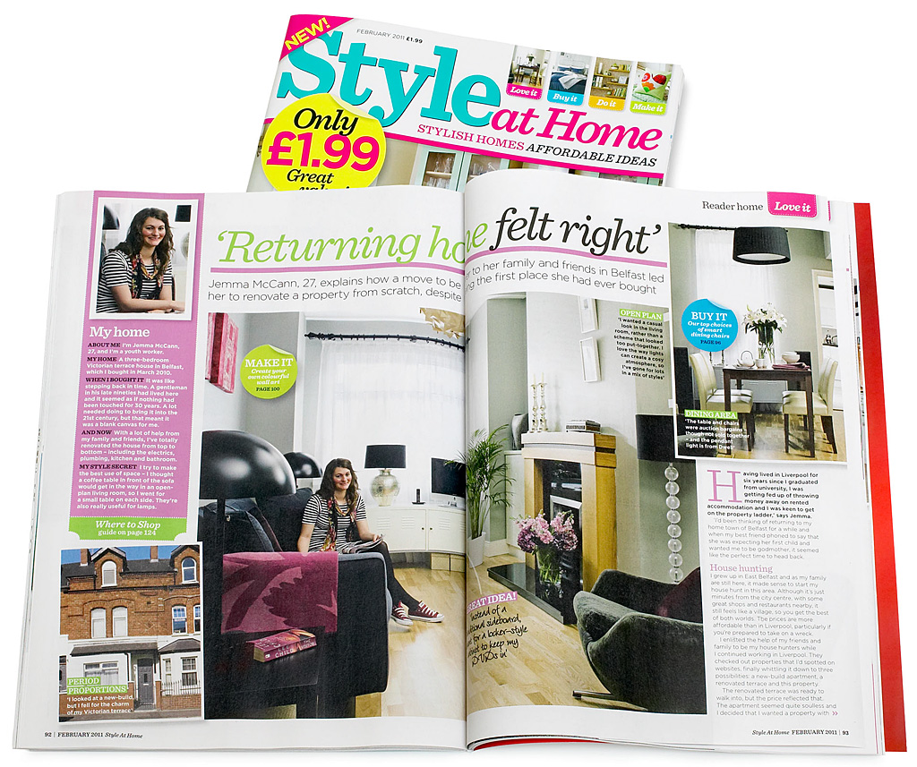 Pages 92 to 98 in the February 2011 issue of Style at Home magazine featuring Jemma McCann's Victorian terrace house in Belfast.