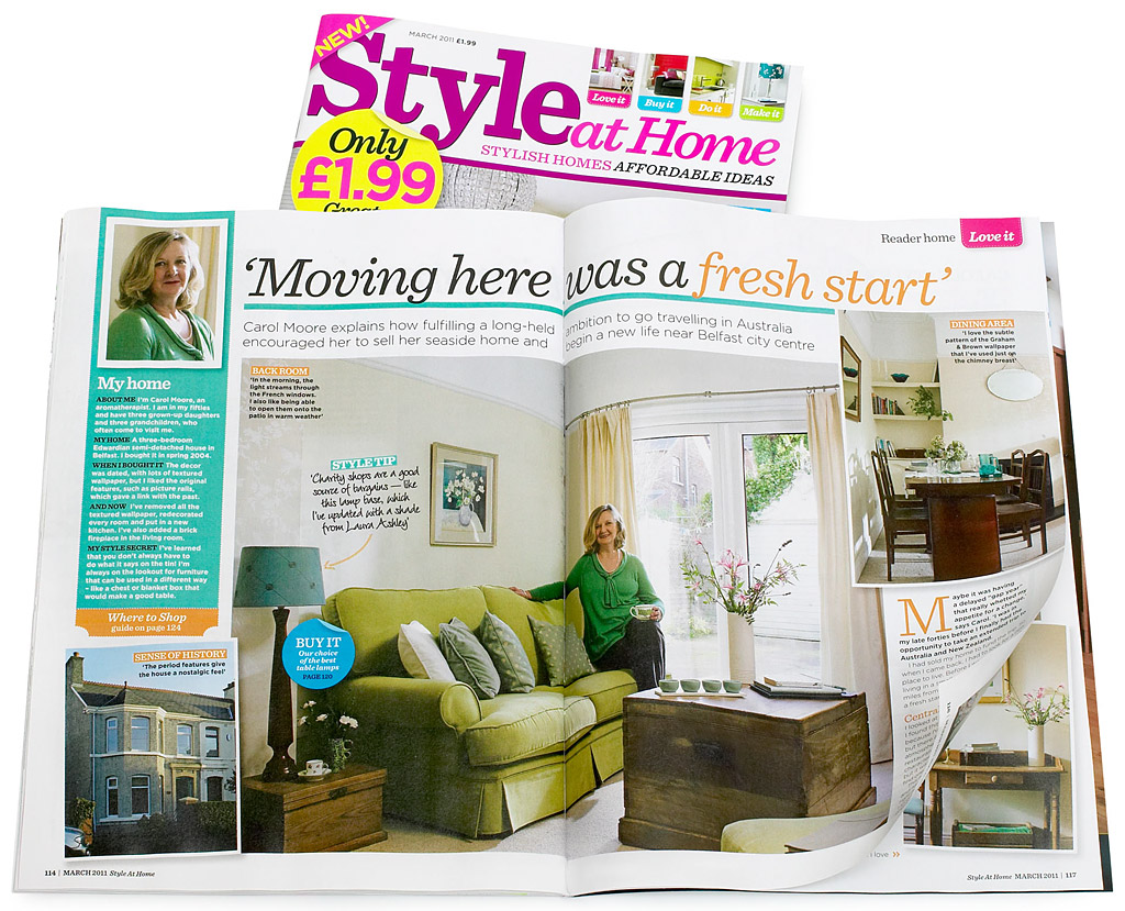 Pages 114 to 120 in the March 2011 issue of Style at Home magazine featuring Carol Moore's Semi detached house in Belfast.
