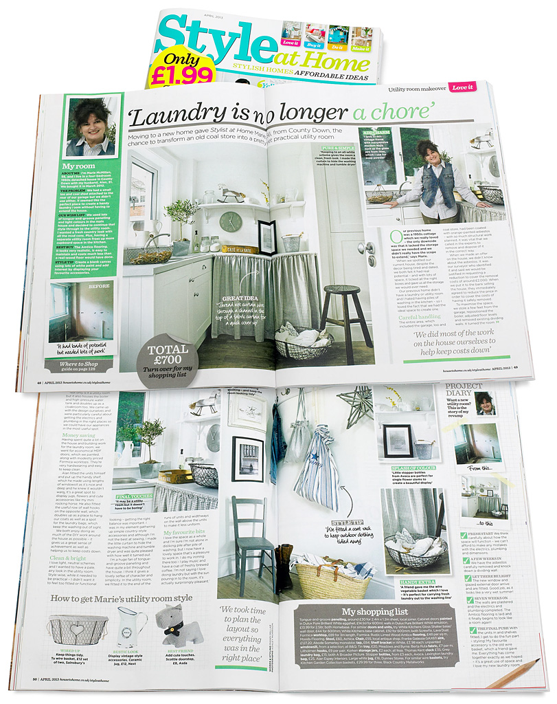Pages 48 to 51 in the April 2013 issue of Style at Home magazine featuring an old coal store transformed into a pretty practical utility room by Marie McMillen.