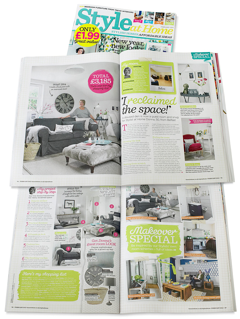 Pages 74 to 76 in the February 2015 issue of Style at Home magazine featuring Donna Wilson's guest room above her garage near Greenisland in County Antrim.