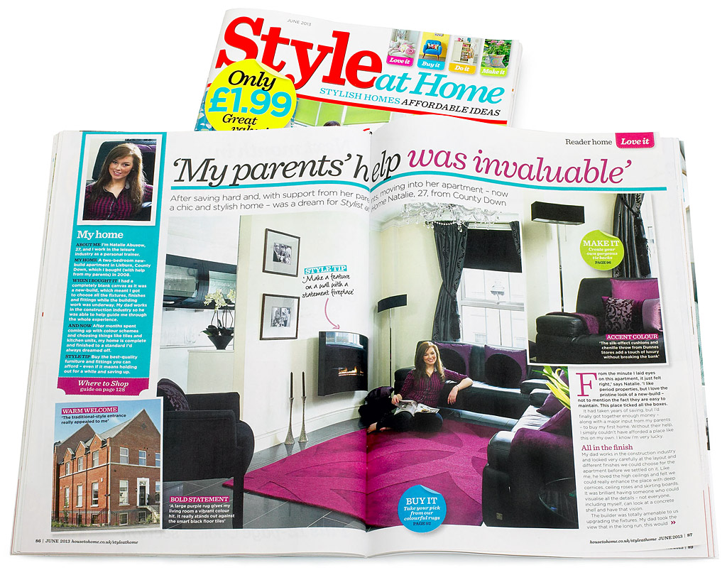 Pages 86 to 96 in the June 2013 issue of Style at Home magazine featuring Natalie Abusow's first floor apartment near Lisburn in County Down.