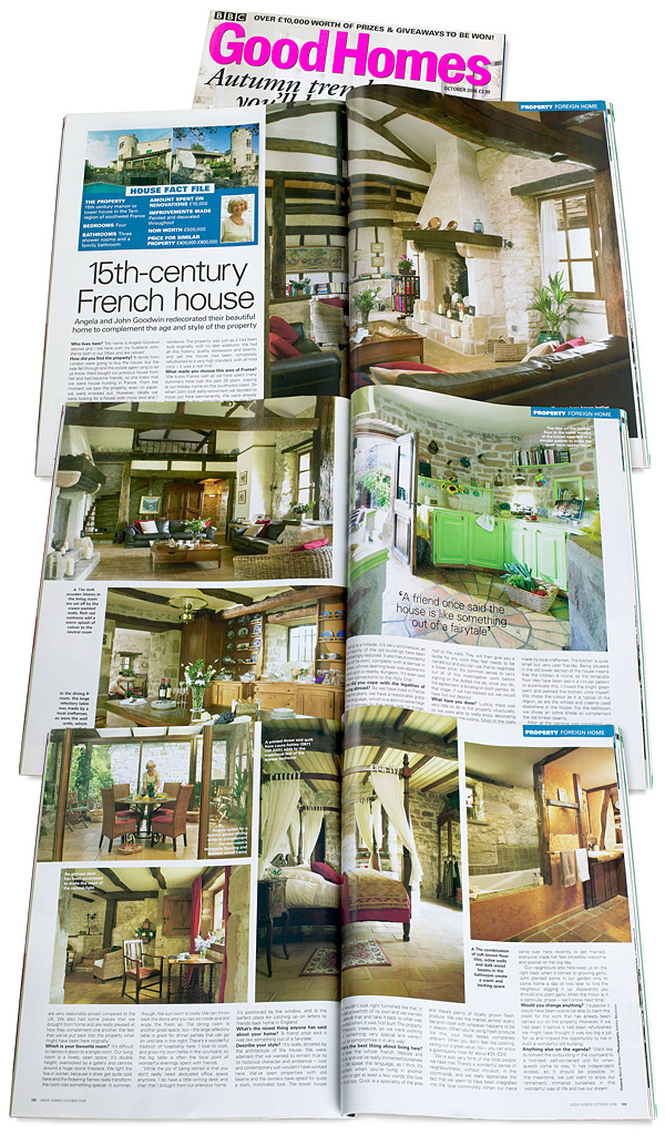 Pages 118 to 123 in the October 2006 issue of BBC Good Homes magazine featuring Angela and John Goodwin's Tower house in the Tarn region of France