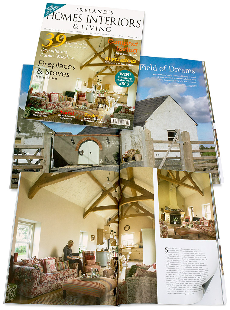 The cover plus pages 90 to 101 in the February 2013 issue of Ireland's Homes Interiors & Living magazine featuring Sonya and Glenn McDowell's century-old cottage near the seaside town of Donaghadee in County Down.