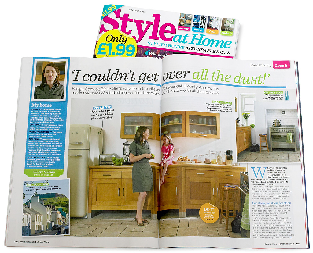 Pages 108 to 115 in the November 2011 issue of Style at Home magazine featuring Briege and Stephen Conway's Victorian townhouse in the County Antrim coastal town of Cushendal.