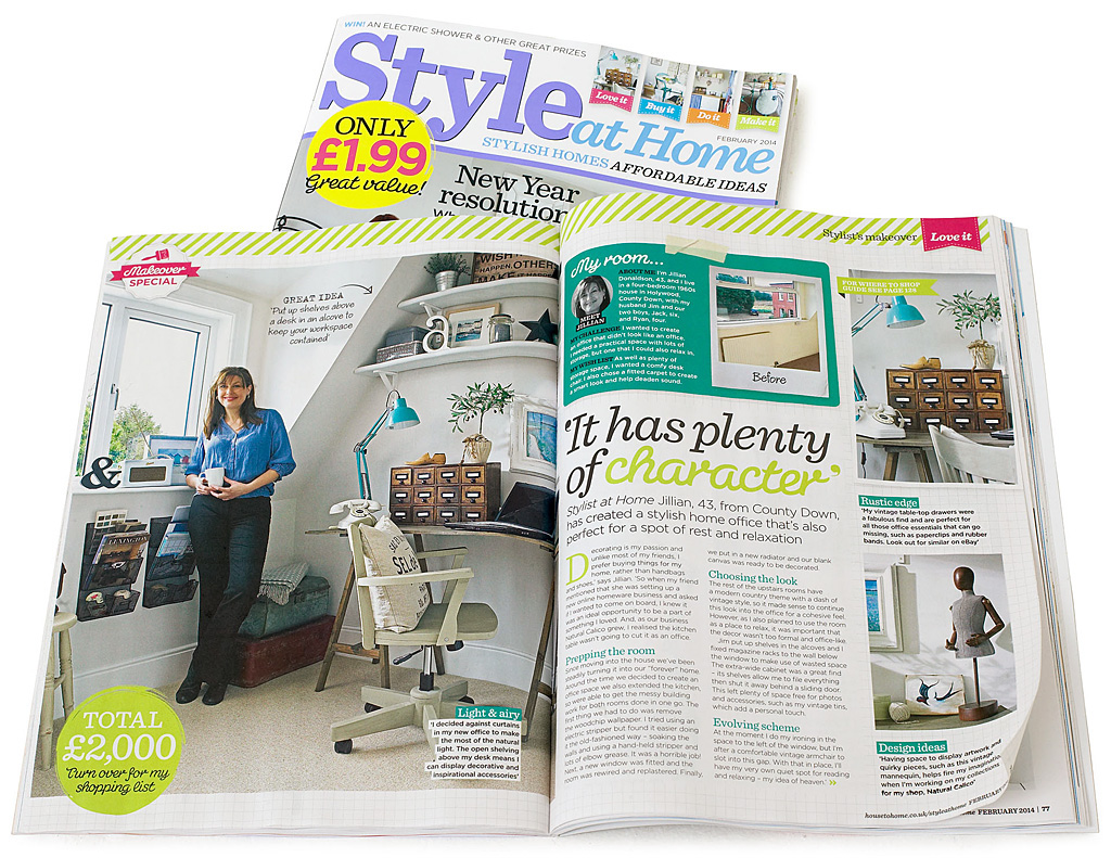 Pages 74 to 76 in the February 2014 issue of Style at Home magazine featuring the office in Jillian Donaldson's 1950's detached house near Holywood in County Down.