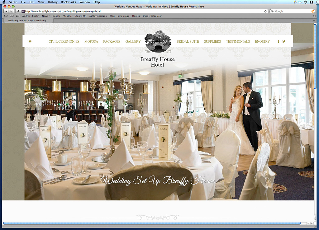 Web page showing the wedding set up at the Breaffy House Hotel.