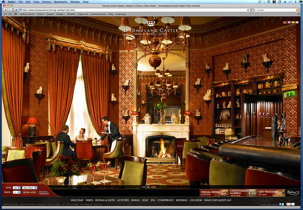 Screen shot of the Dining in the Cocktail bar page on  Dromoland Castle's website.