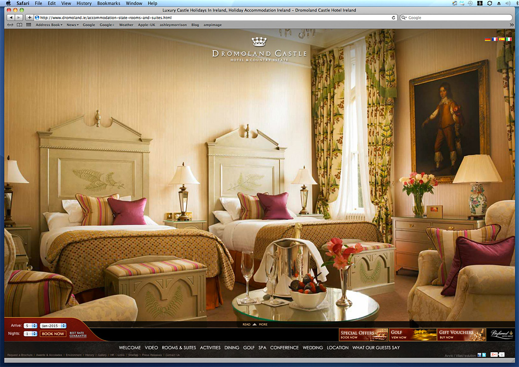 Screen shot of the accommodation page on Dromoland Castle's website showing one of the bedroom suites images that we produced.