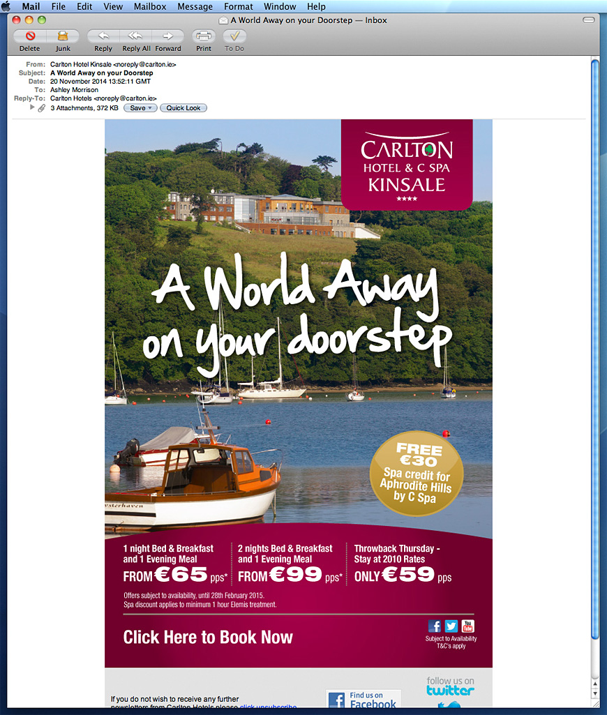 An infringement of copyright - showing a how our image had been used in this Promotional email, without them having obtained a Licence to use it.