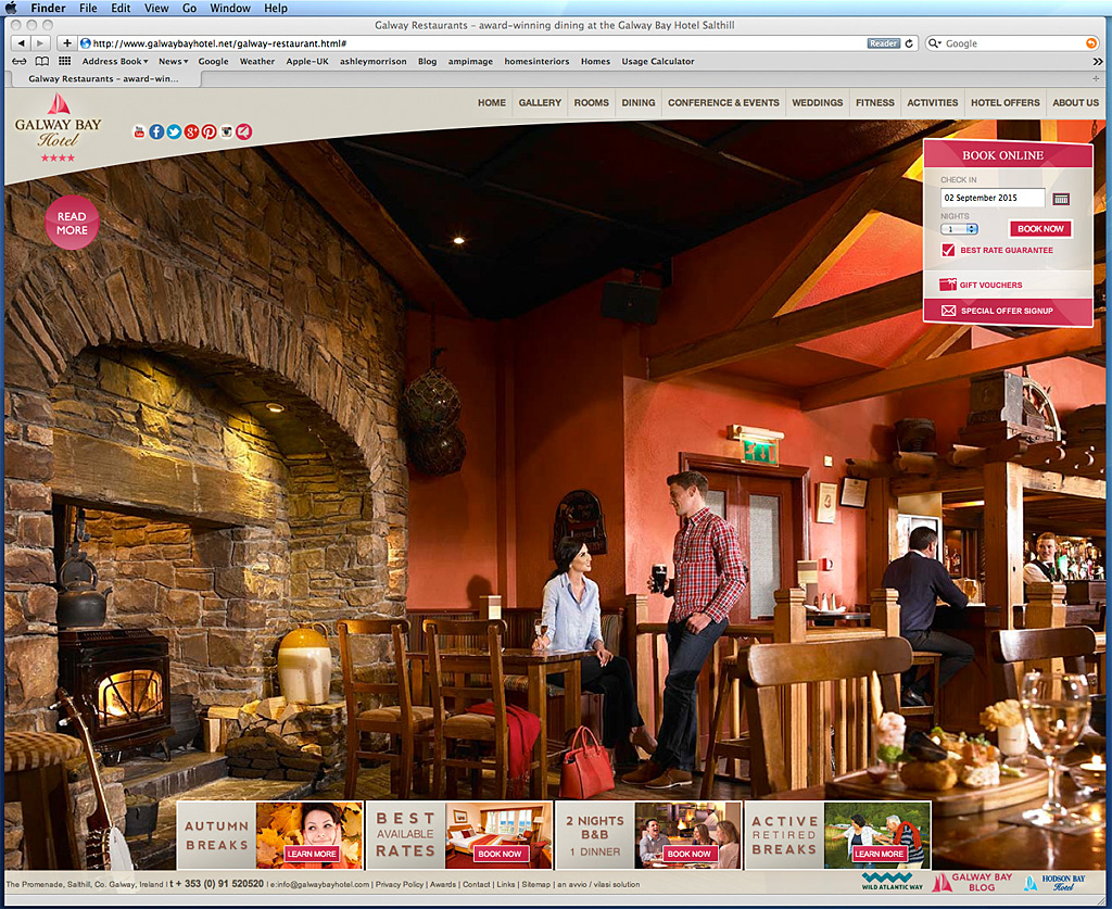 Screen shot showing the the An Scadan Caoc Bar on the Galway Restaurants page of Galway Bay Hotel's website.