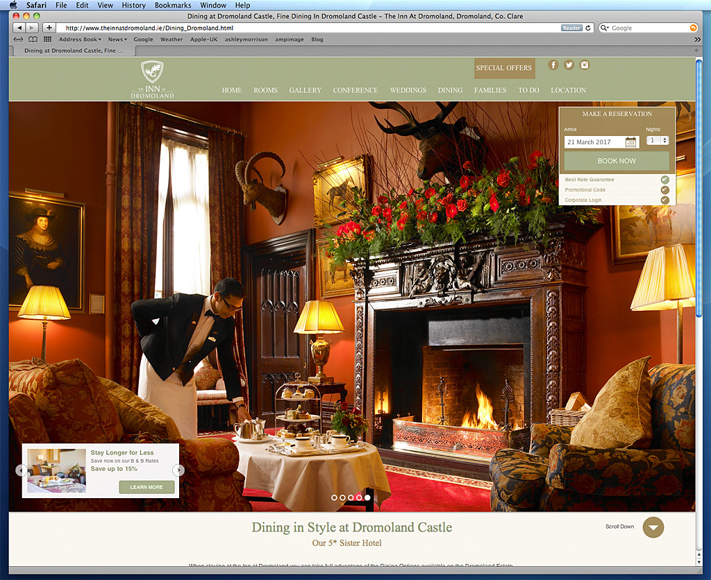 Screen shot of the Dining at Dromoland page on The Inn At Dromoland's website.