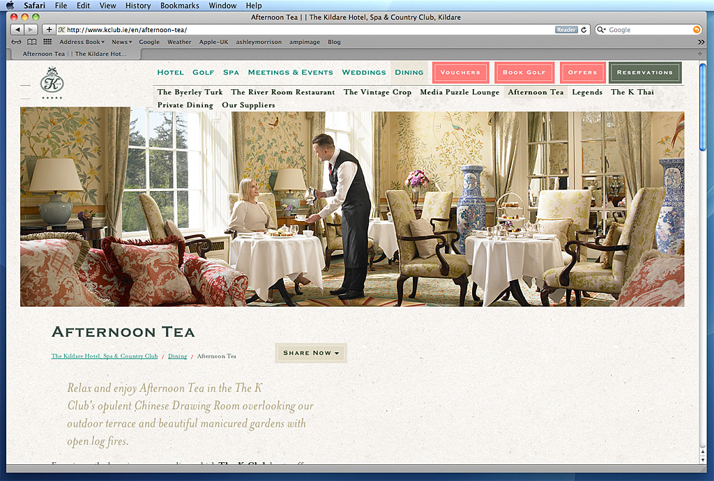 Screen shot of the Afternoon Tea in opulent Chinese Drawing Room page on The K Club's webiste.