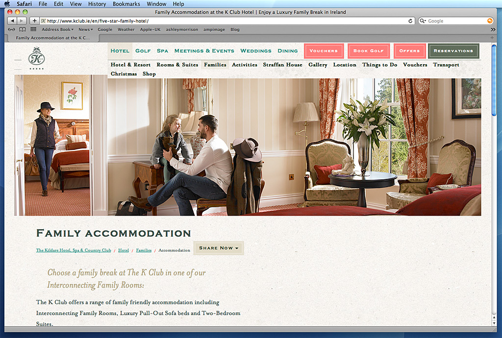 Screen shot of the Family Accommodion page on the K Club's website.