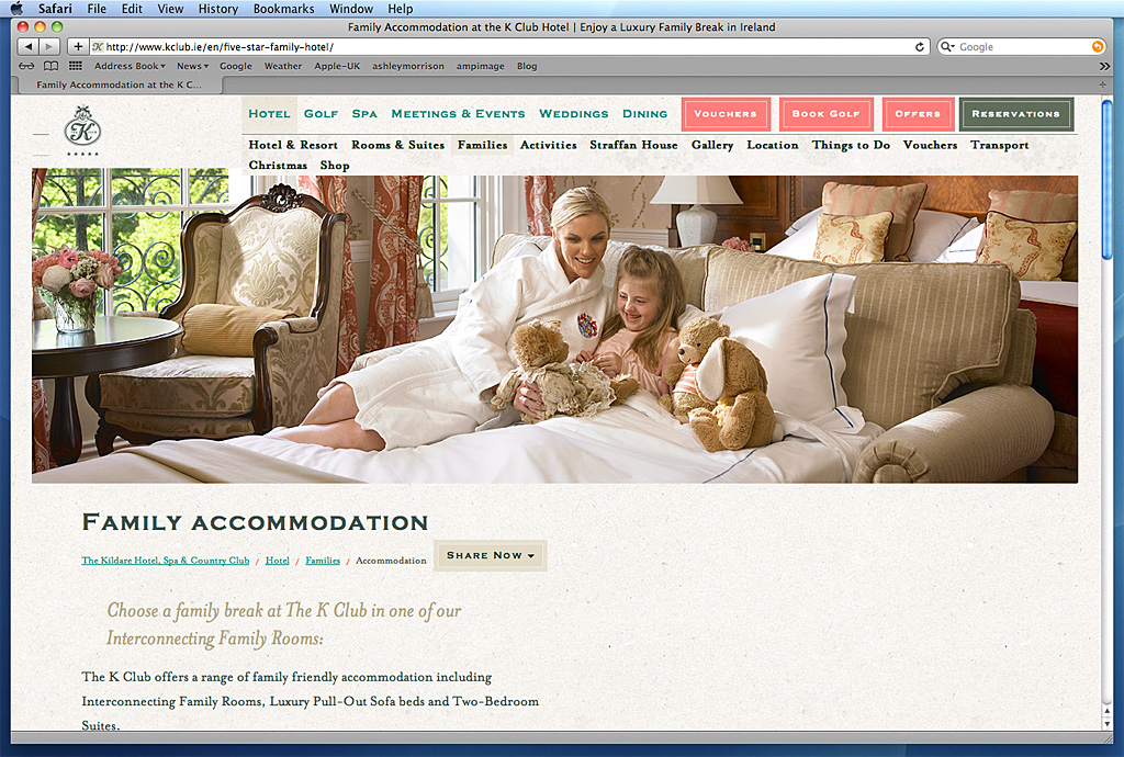 Screen shot of the Family Accommodion page on the K Club's website.