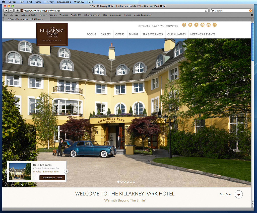 Screen shot the Home page on The Killarney Park Hotel's website.