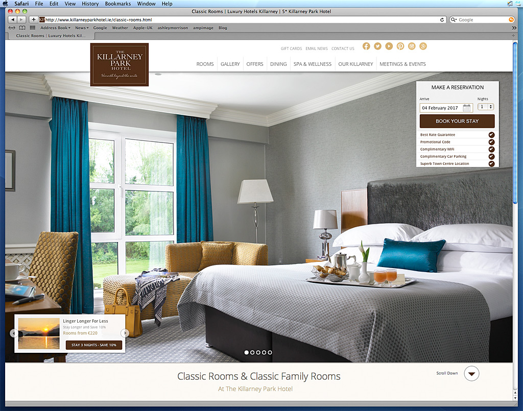 Screen shot showing how our images was used on the Classic Rooms & Classic Family Rooms page of the Killarney Park Hotel's website.
