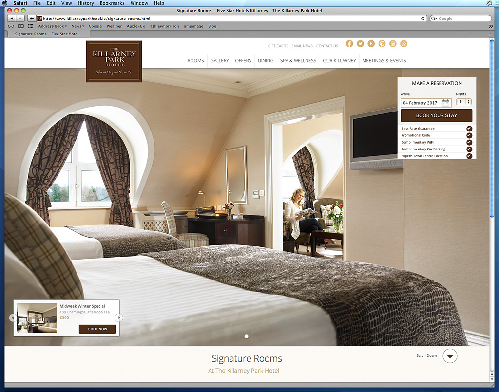 Screen shot of the Signature Rooms page on the Killarney Park Hotel's website.