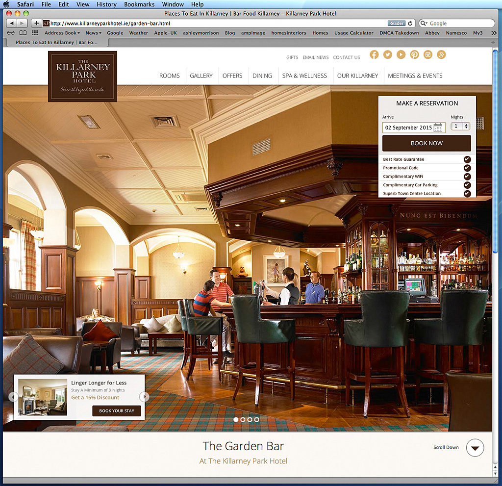 Screen shot the Garden Bar page on The Killarney Park Hotel's website.