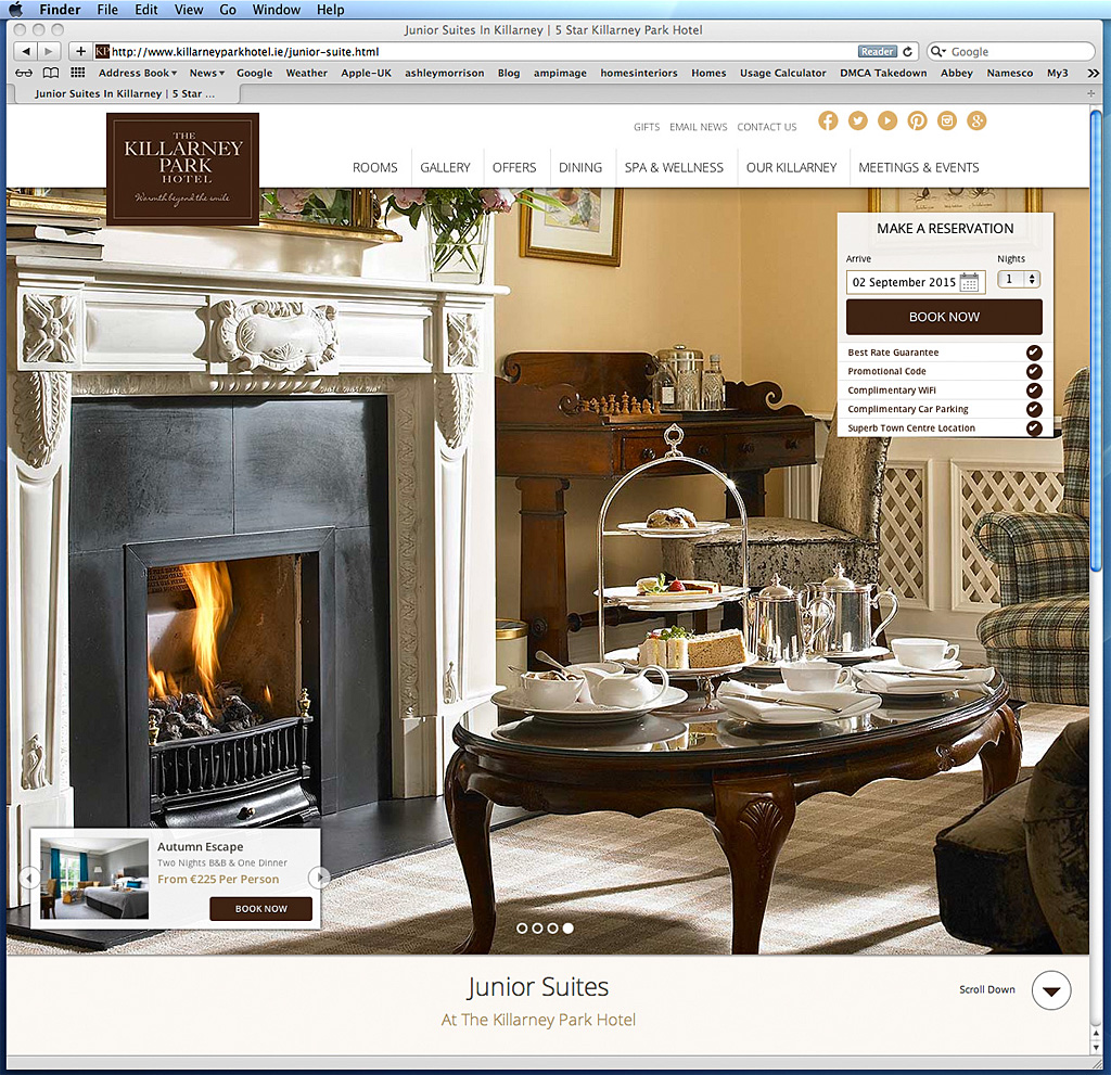 Screen shot of the Junior Suites page on The Killarney Park Hotel's website about the Accommodation.