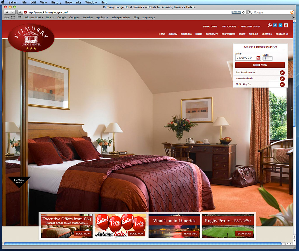 Sreen shot showing the Home page on the Kilmurry Lodge Hotel in Limerick's website.