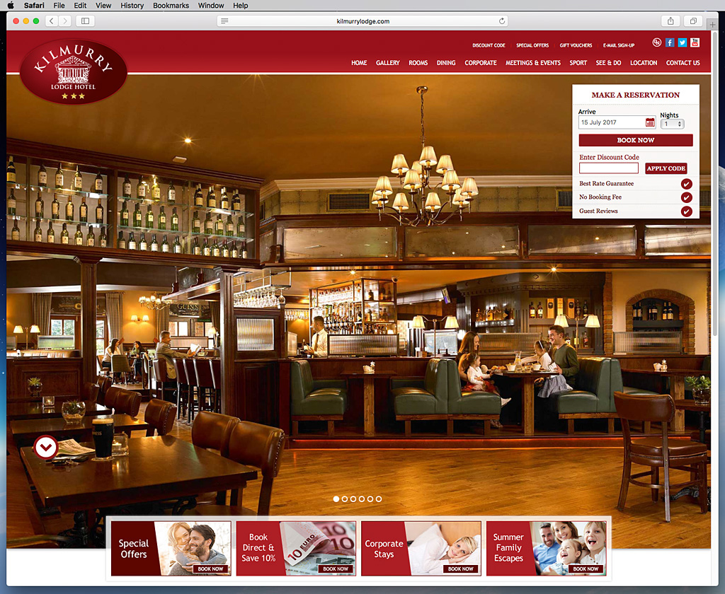Screen shot of the Nelligan's bar page on Kilmurry Lodge Hotel's website.