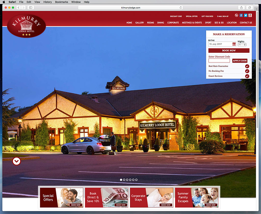 Screen shot of the Home Page on Kilmurry Lodge Hotel's website.