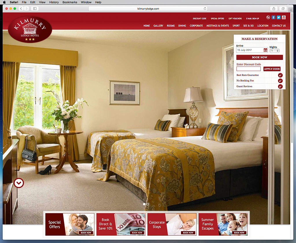 Screen shot of the Home Page on Kilmurry Lodge Hotel's website.