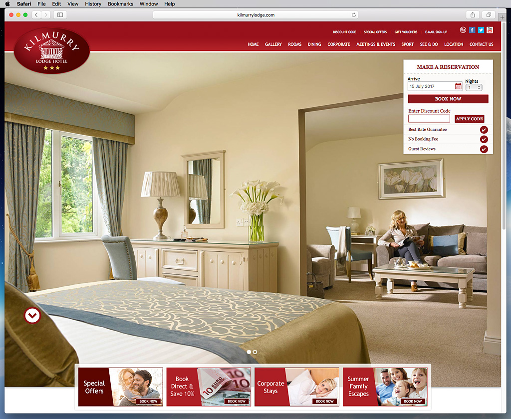 Screen shot of the Kilmurry Lodge Hotel's website.