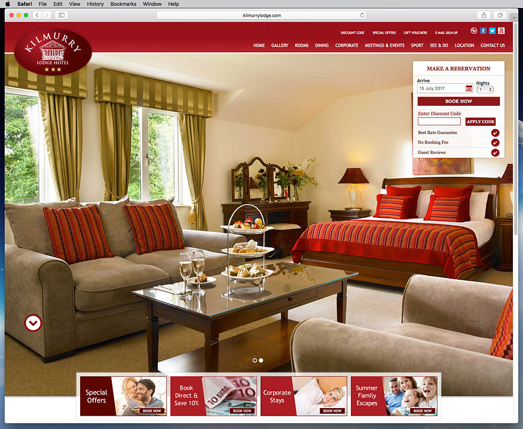 Screen shot of the Kilmurry Lodge Hotel's website.