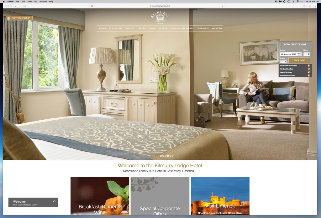 Our work as seen on the Home page of the Kilmurry Lodge Hotel's website.