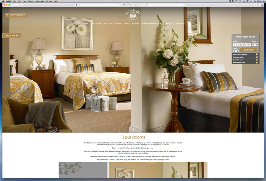 Our work as seen on the Triple Rooms page of the Kilmurry Lodge Hotel's website.