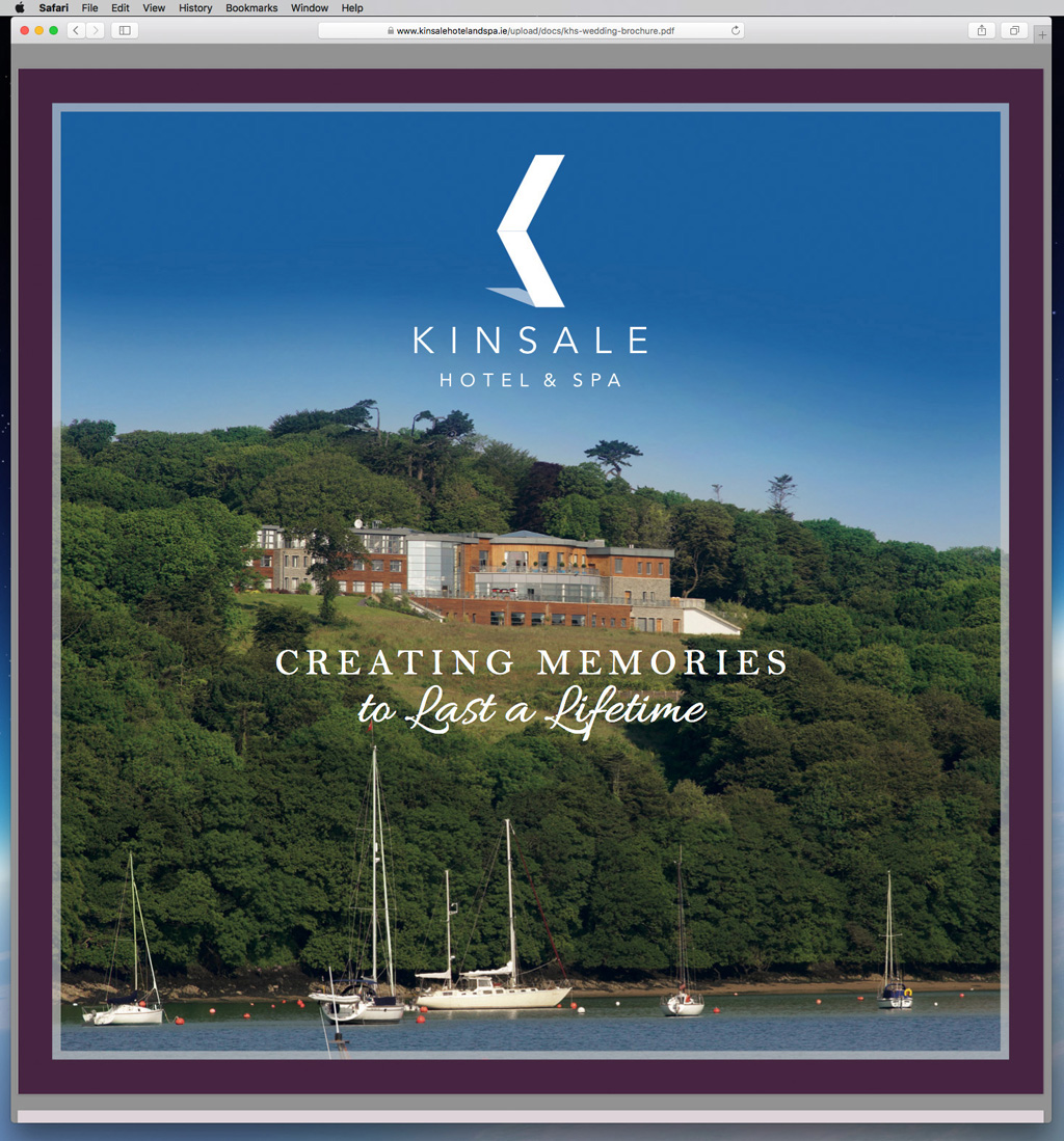 Our work as seen on the Wedding brochure document on the Kinsale Hotel & Spa's website.
