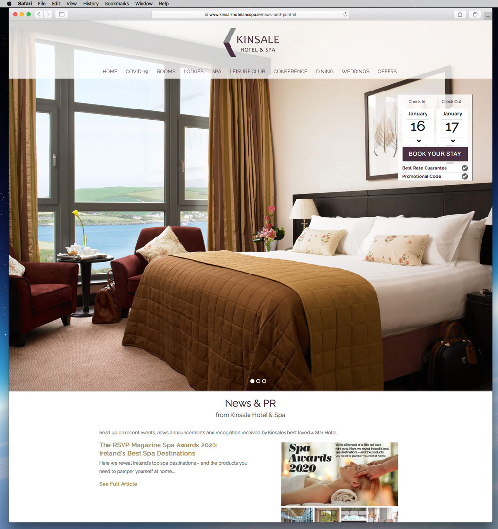 Our work as seen on the New & PR page of the Kinsale Hotel & Spa's website.