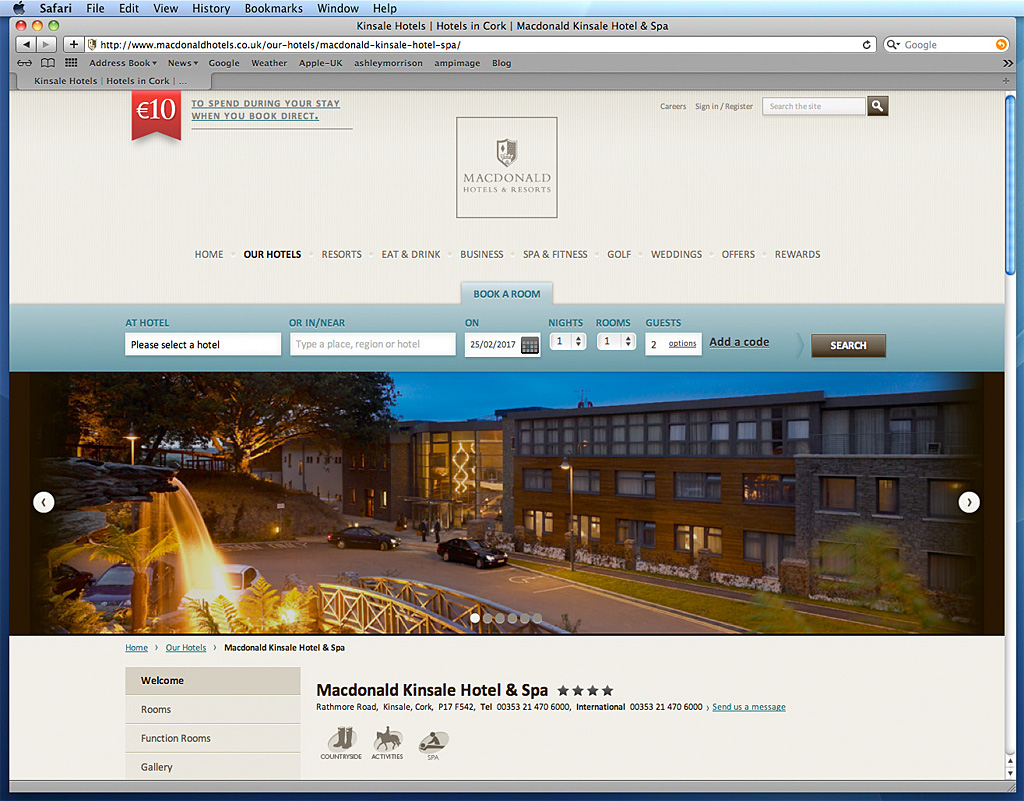 Screen shot of the Home page on Macdonald Kinsale Hotel & Spa's website.