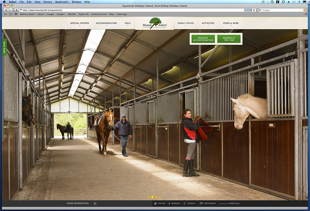 Sreen shot showing the web page of the Equestrian Centre at Mount Juliet Country Estate in County Kilkenny.