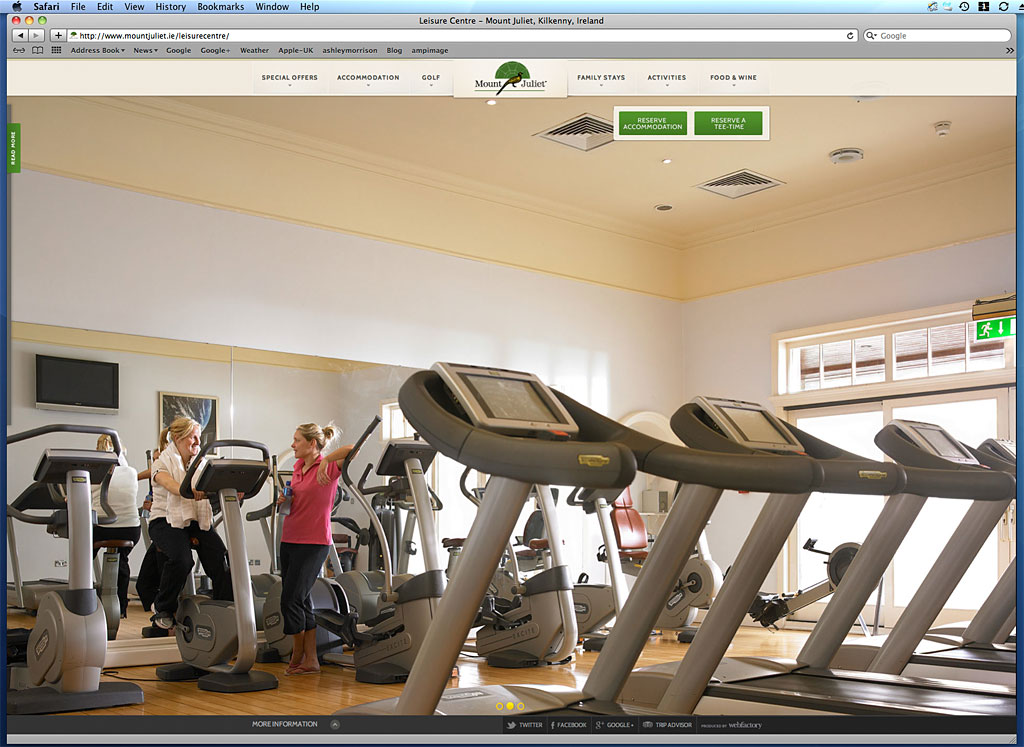 Sreen shot showing the web page of the gym in the Leisure Centre at Mount Juliet Country Estate in County Kilkenny.