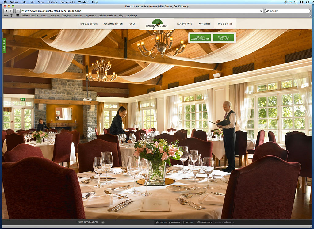 Screen shot of a page on Mount Juliet Country Estate's website showing the image we produced of the Kendals restaurant.