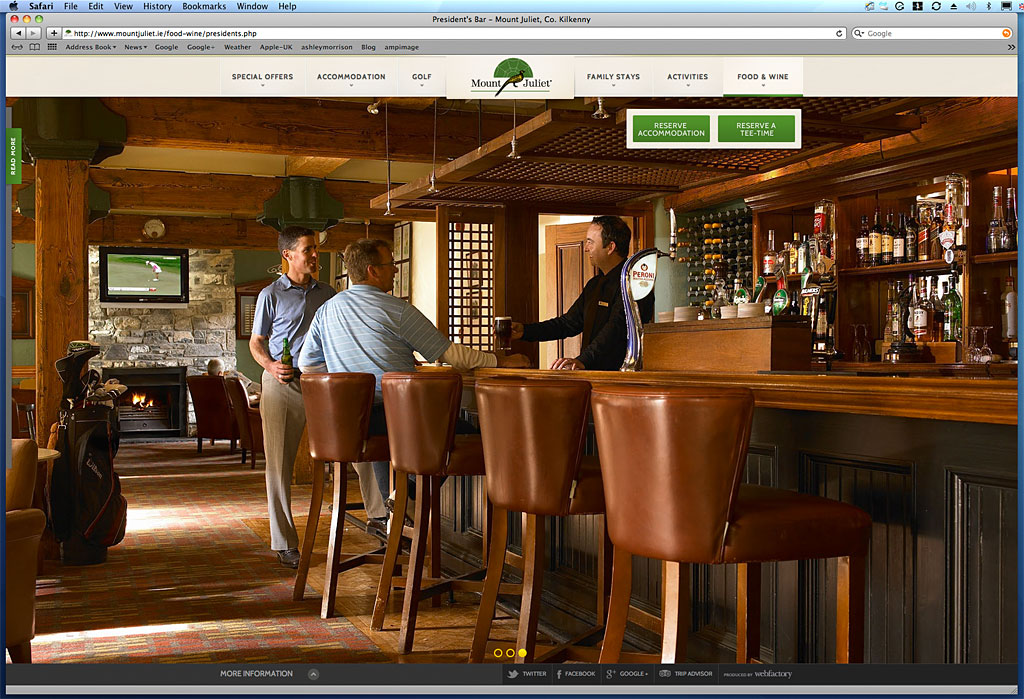 Screen shot of a page on Mount Juliet Country Estate's website showing the image we produced of the President's Bar.