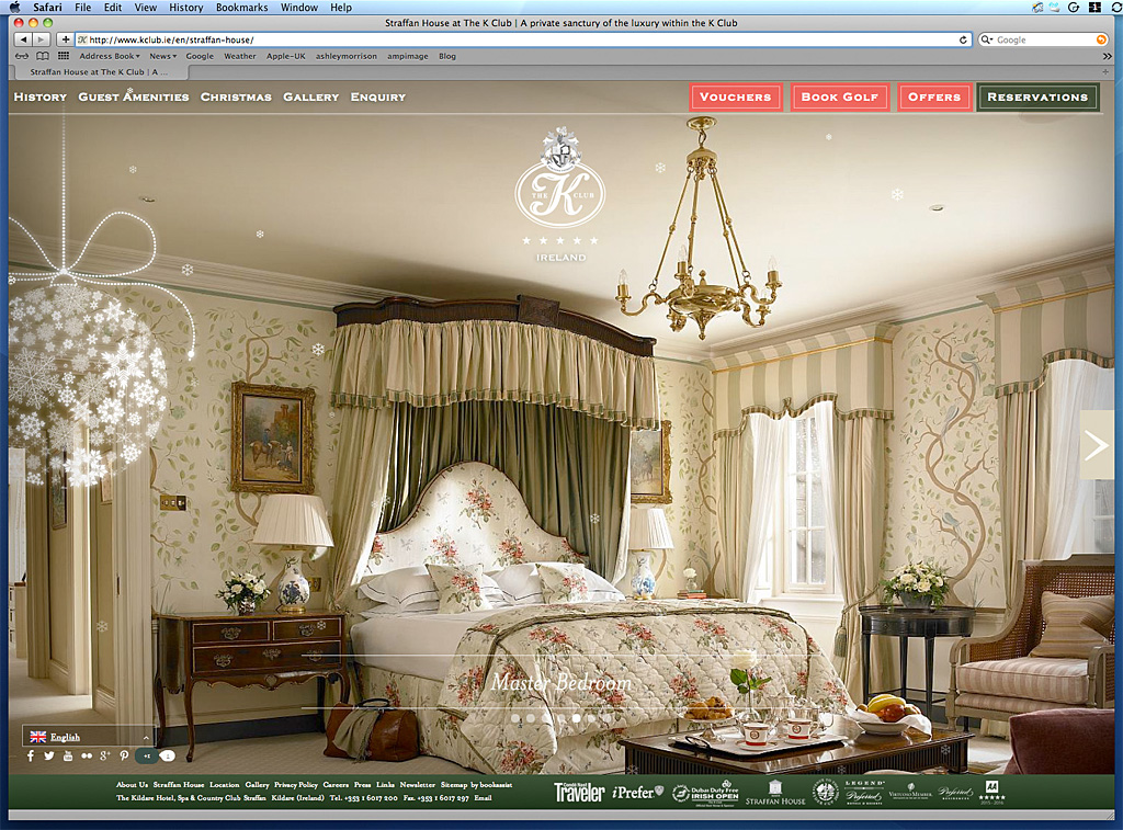 Screen grab of the home page showing the Master bedroom in Straffan House on the K Club's website.